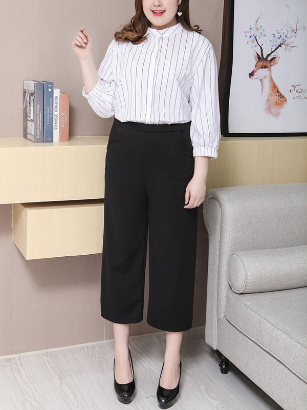 Syuzanna Plus Size Basic Work / Office / Going Out Black Wide Leg Culottes Capri Pants (EXTRA BIG SIZE)