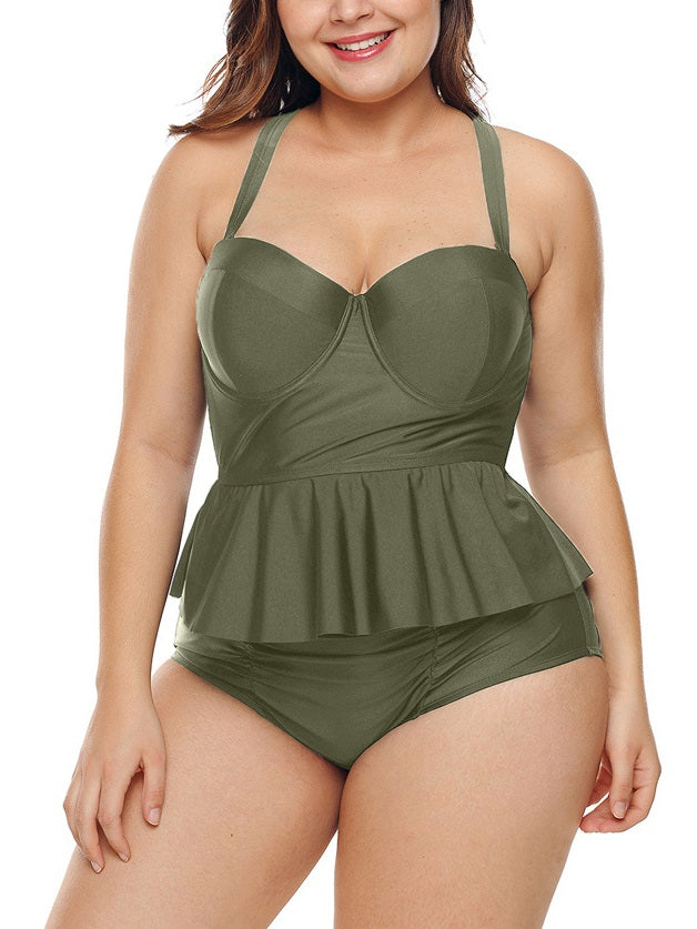 Selin Underwire Bust Bustier Purple Flamigo Print Peplum Tankini Top and Highwaist Underwear Two Piece Swimsuit Set (Red Skull Pattern, White Aztec Pattern, Black, Army Green)
