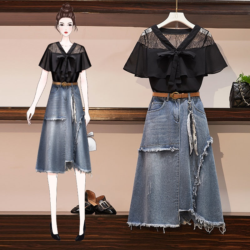 Hestia Plus Size Black Lace Blouse And Fray Denim Midi Skirt