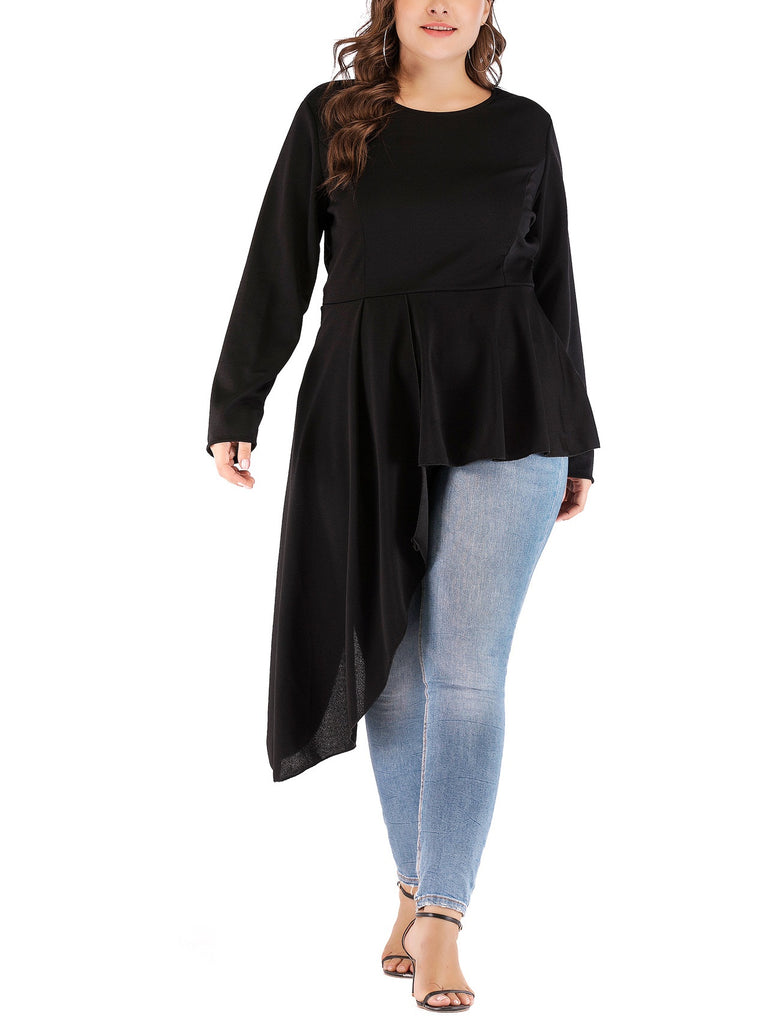 Willamina Plus Size Black Longer Side Asymmetric Long Sleeve Blouse