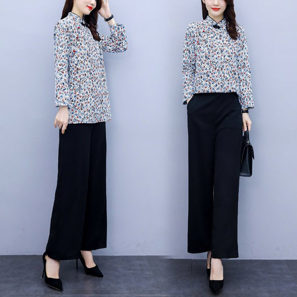 Kierra Plus Size Cheongsam Long Sleeve Top And Wide Leg Pants Set (Muslimah Friendly)