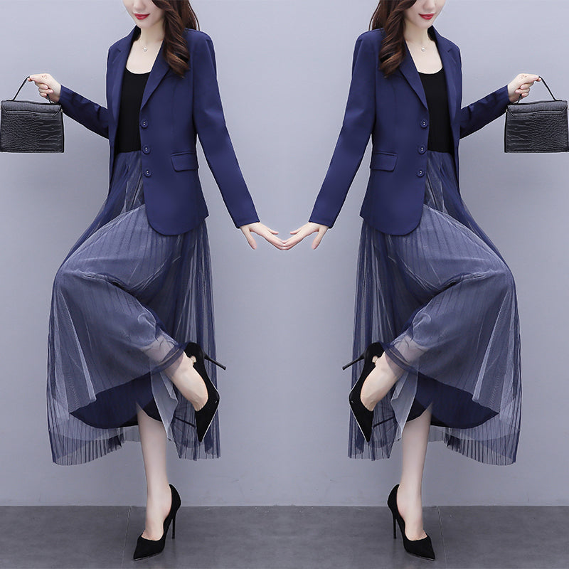 Kendal Plus Size Blazer And Pleated Tulle Sleeveless Midi Dress Set