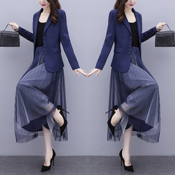 Kendal Plus Size Blazer And Pleated Tulle Sleeveless Midi Dress Set