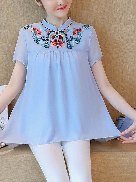 Tiffanie Plus Size Blue Chiffon Chinese Embroidery Cheongsam Qipao Short Sleeve Blouse