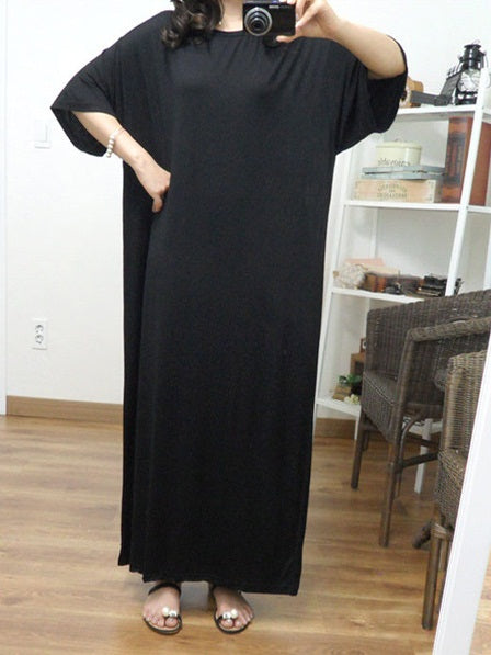 Syvva Plus Size Basic | Casual | Lounge Cotton Black Mid Sleeve T Shirt Midi Dress (EXTRA BIG SIZE)