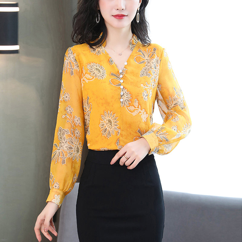 Plus Size Yellow Floral Long Sleeve Shirt Blouse