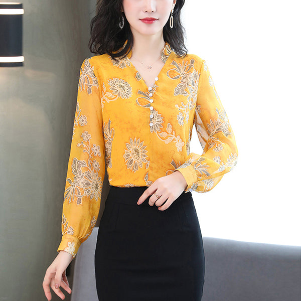 Plus Size Yellow Floral Long Sleeve Shirt Blouse