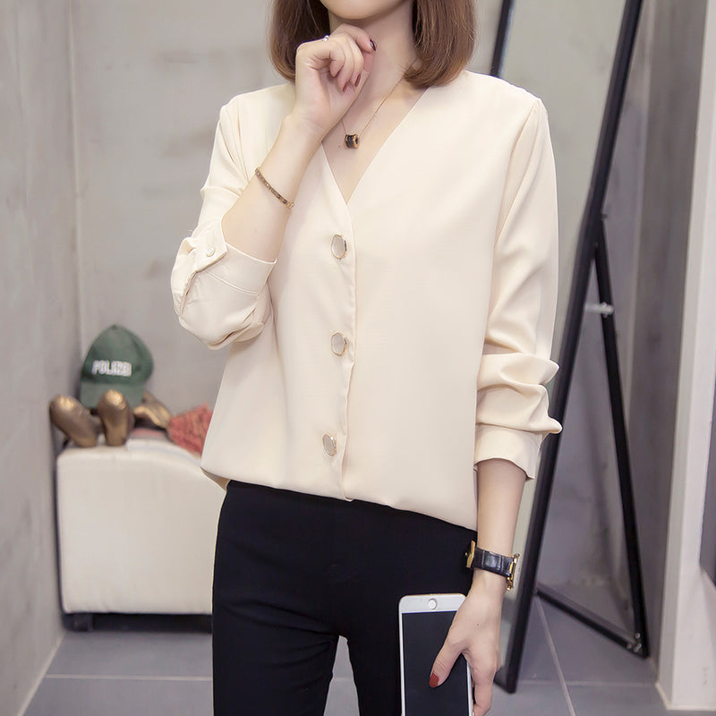 Kinnery Plus Size V Neck Button Long Sleeve Blouse
