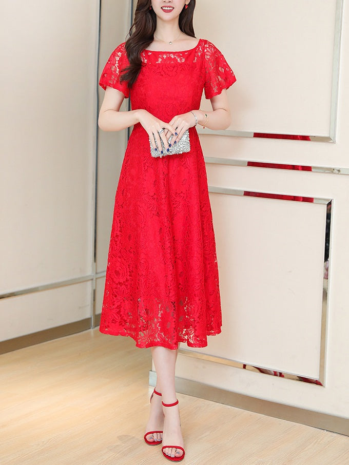 Tamaryn Plus Size Lace Chinese New Year Oriental Swing Short Sleeve Midi Dress (Pink, Red, Black)