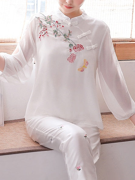 Tiffany Plus Size White Soft Floral Embroidery Cheongsam Qipao Mid Sleeve Blouse