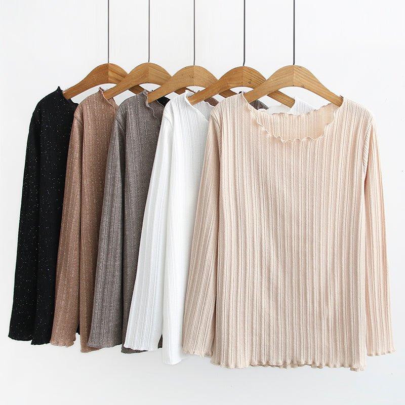 Zaor Plus Size Ribbed Frill Neck Knit Long Sleeve T Shirt Top (White, Black, Beige, Brown, Grey)