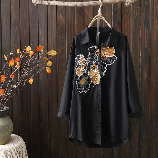 Kamya Plus Size Floral Embroidery Long Sleeve Shirt Blouse (Muslimah Friendly)