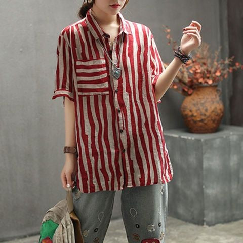 Plus Size Stripes Loose Short Sleeve Shirt Blouse (Black, Red, Brown)