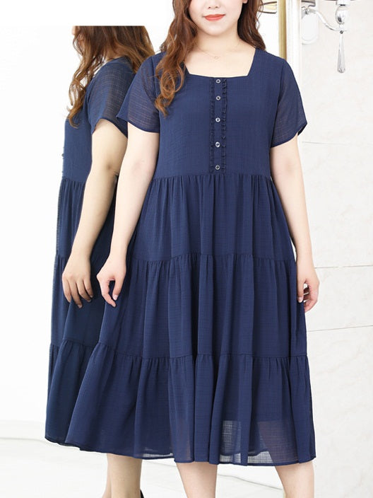 (Ready Stock 10XL - 1 Pc) Keesha Plus Size Blue Square Neck Midi Dress