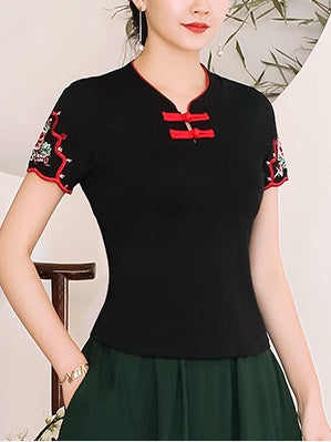 Tinuviel Plus Size Cheongsam Qipao Chinese Floral Embroidery V Neck Short Sleeve Top (Red, Black, White) (Suitable For Chinese New Year)