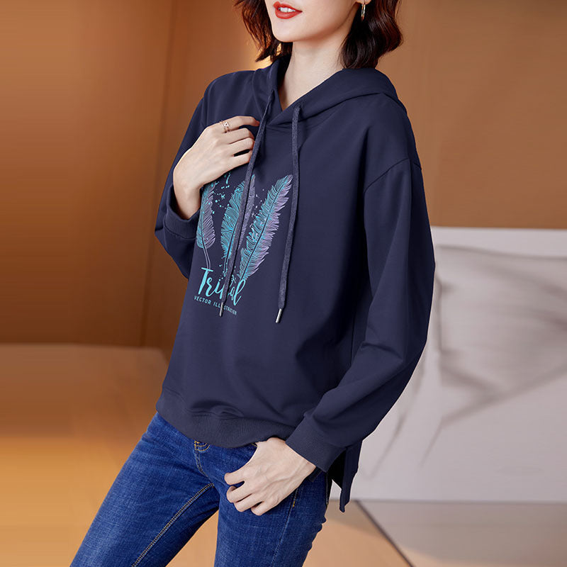 Khera Plus Size Feathers Hoodie Long Sleeve Top