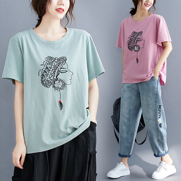 Plus size oriental embroidery face t shirt