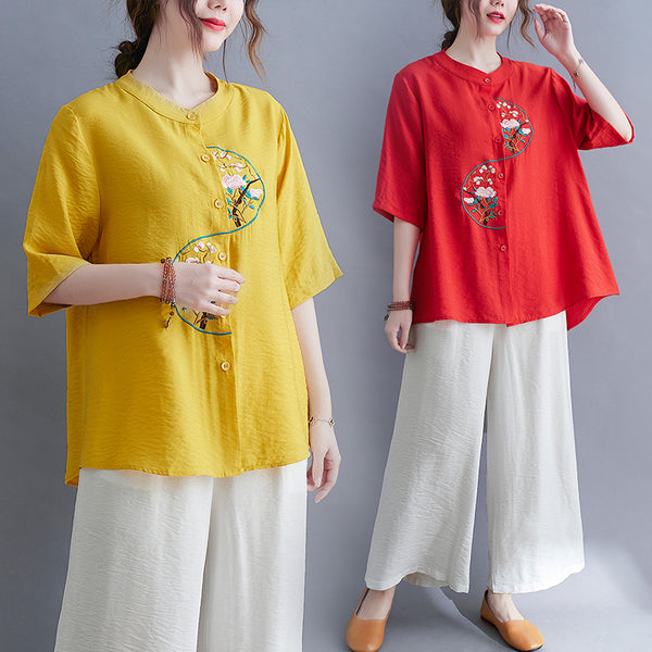 Plus size mandarin collar embroidery floral cheongsam shirt blouse