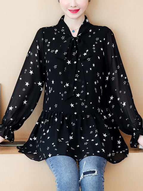 Yasi Plus Size Black Star Print Pussybow Long Sleeve Blouse