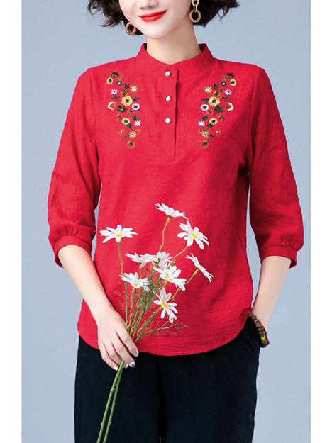 Tihana Plus Size Chinese New Year Floral Embroidery Mid Sleeve Shirt Blouse (Purple, Red, Yellow)