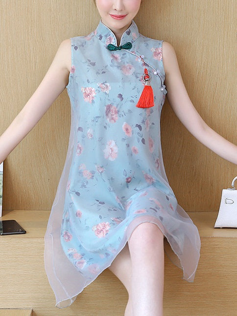 Talaina Plus Size Cheongsam Qipao Casual Organza Floral Print Sleeveless Dress (Blue)
