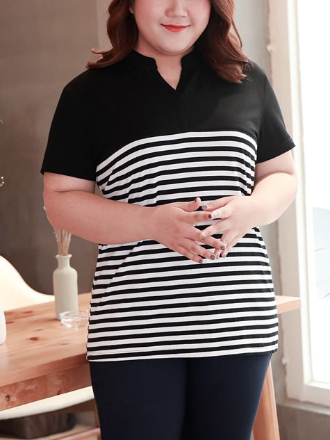 V Neck Stripe Block S/S Tee Shirt Top (EXTRA BIG SIZE)
