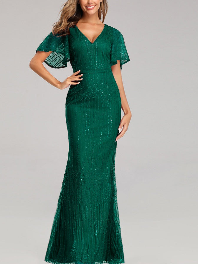 Sonary Plus Size Dinner Occasion Christmas Evening Dress Gown Sequin V Neck Flare Sleeve Fishtail Mermaid With Sleeves Short Formal Sleeve Maxi Dress (Green, Red)