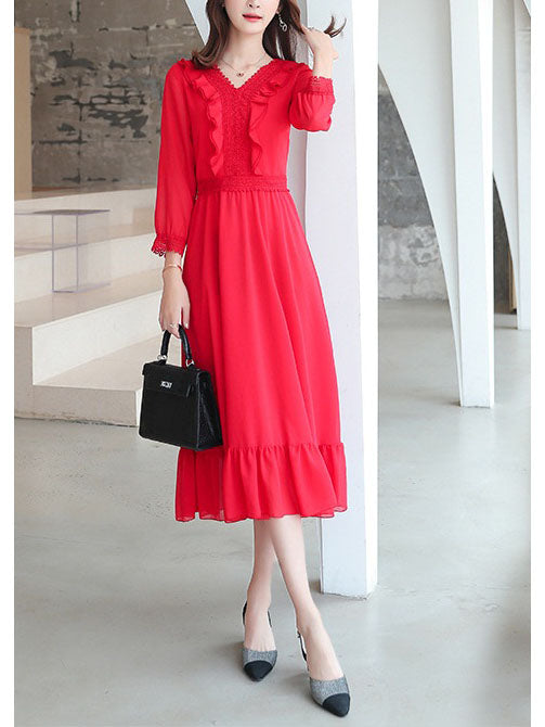 Surelis Plus Size V Neck Lace Mid Sleeve Mermaid Hem Midi Dress (Red, Black)