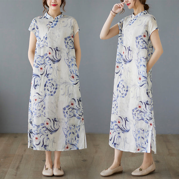 Plus size oriental modern print midi cheongsam dress