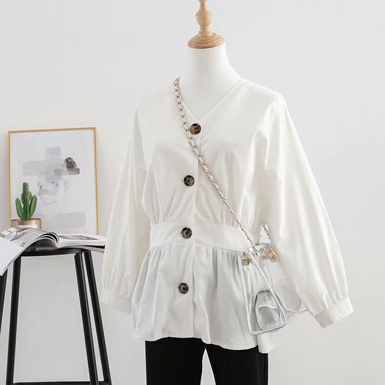 Valeriya Plus Size V Neck Buttons Mid Sleeve Blouse (White, Black) (EXTRA BIG SIZE)