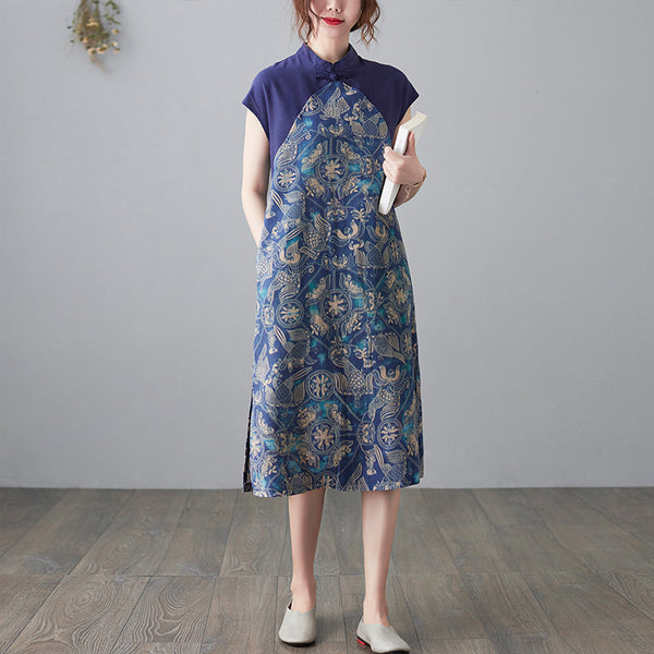 Plus size oriental blue colourblock midi cheongsam dress