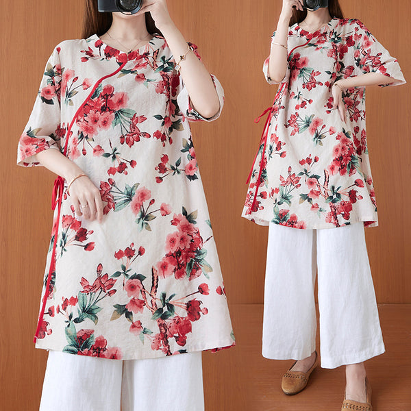 Plus size red floral tunic cheongsam blouse