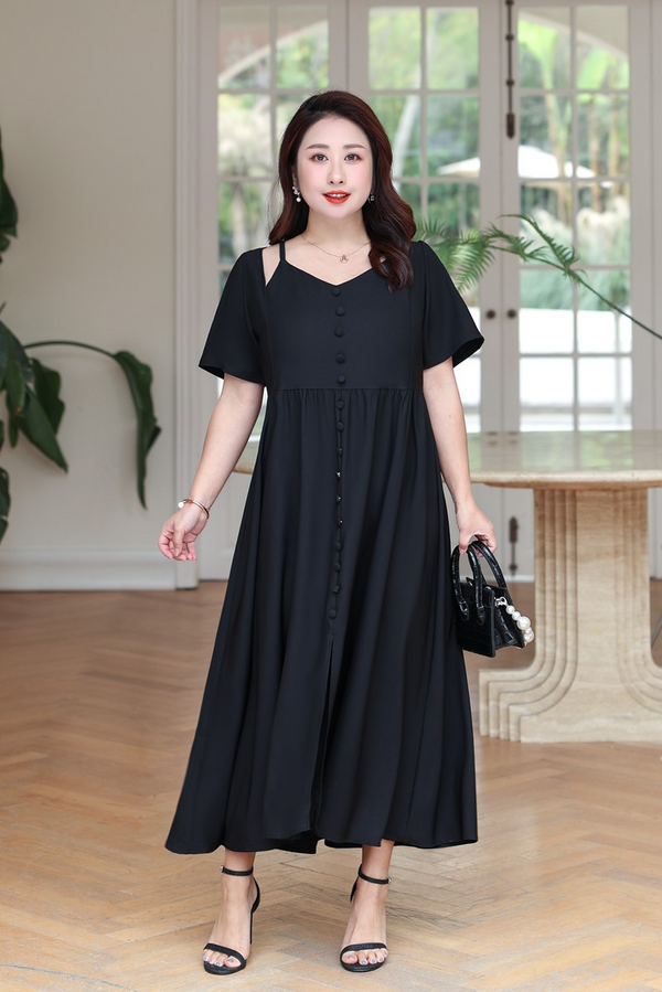 (3XL-8XL) Plus Size Exposed Shoulder Black Midi Dress (Extra Big Size)