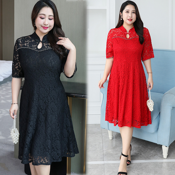 (3Xl-8Xl) Plus Size Lace Cheongsam Dress (Extra Big Size)