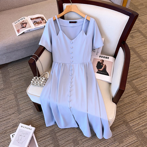 (3XL-8XL) Plus Size Pastel Blue Buttons V Neck Midi Dress (Extra Big Size)