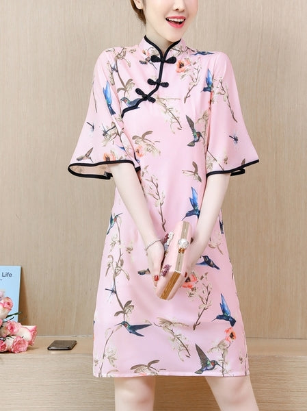 (Bust 90-120 CM) Pink Floral Plus Size Cheongsam Qipao Dress