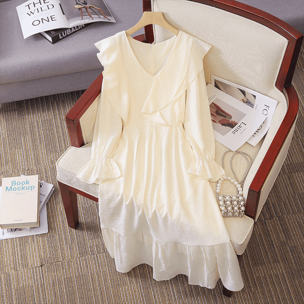 Plus Size White Frills Long Sleeve Dress