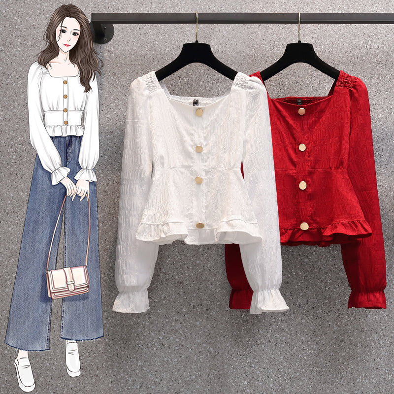 Plus Size Peplum Square Neck Buttons Long Sleeve Blouse