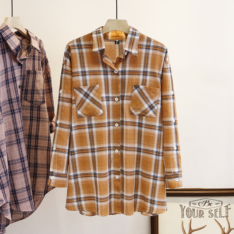 Yuliya Plus Size Yellow Plaid Checked Pockets Button Sleeve Long Sleeve Shirt Blouse