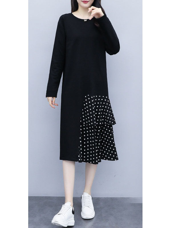 Vanora Plus Size Black Long Sleeve Polka Dots Layer Long Sleeve Midi Dress