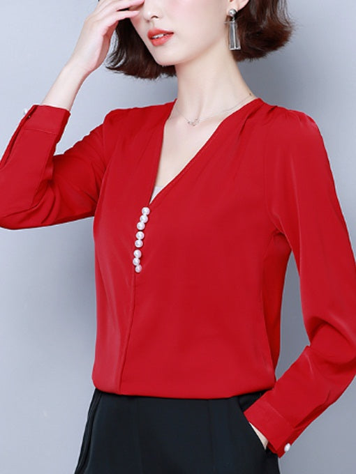 Zahra Plus Size V Neck Pearls Buttons Office Work Formal Long Sleeve Blouse (Black, Red)