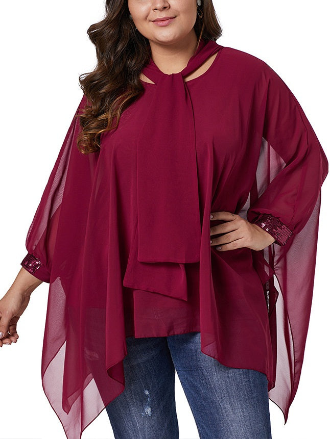 Tandi Plus Size Red Sequins Chiffon Tie Long Sleeve Blouse