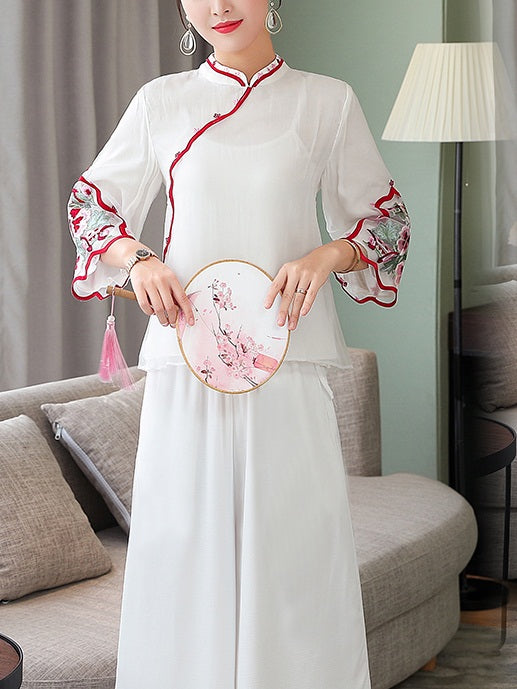Tiffin Plus Size Chinese Oriental Embroidery Cheongsam Qipao Mid Sleeve Blouse (Red, White)