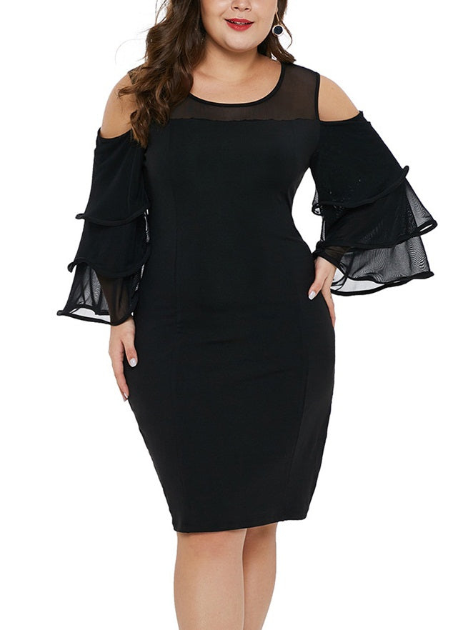 Soriah Plus Size Office Work Dinner Occasion Prom Formal Wedding Dress Bodycon Black Off Shoulder Frills Sleeve With Sleeves Mid Sleeve Dress (EXTRA BIG SIZE) Made of Polyester Fabric