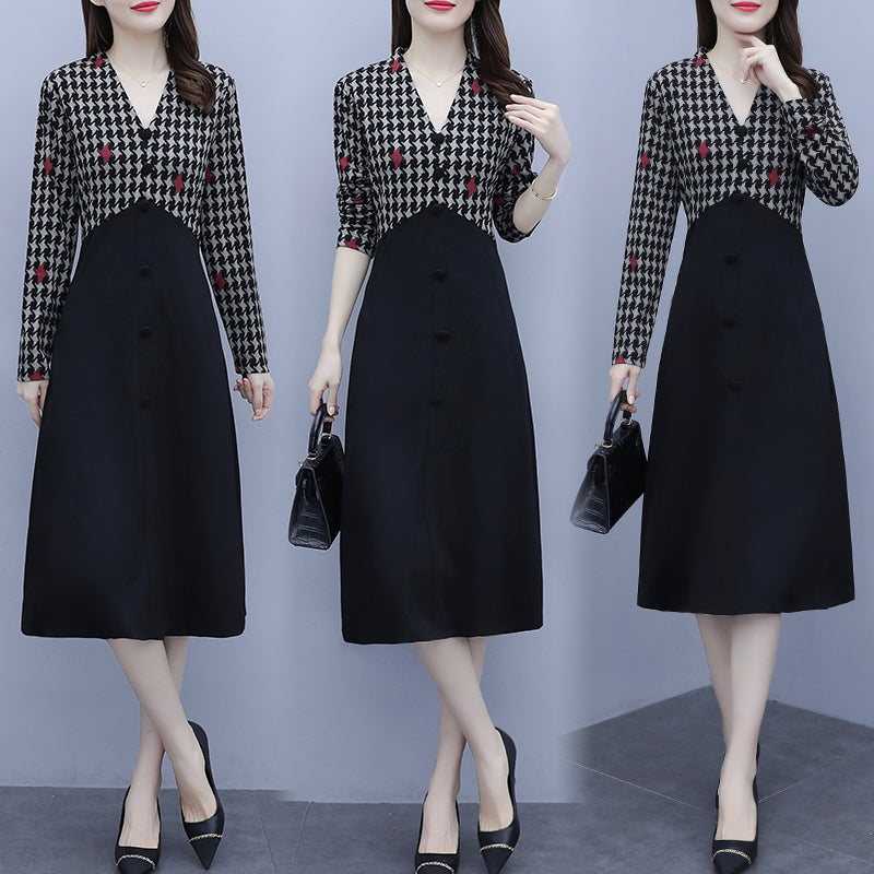 Kierslyn Plus Size Houndstooth Vintage Work Long Sleeve Dress