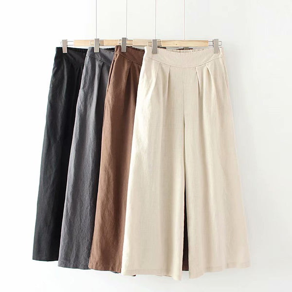 Zapressa Plus Size Cotton Linen Long Culottes Pants (Beige, Brown, Grey, Black)