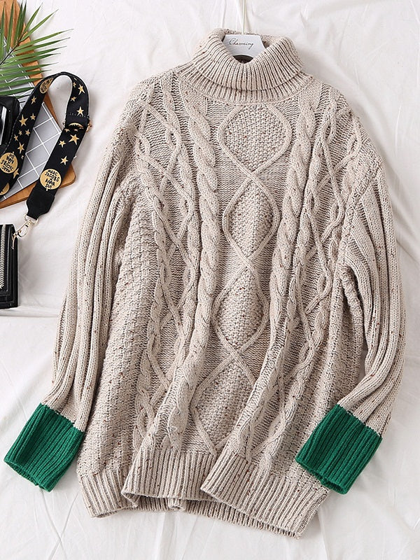 Stefka Plus Size Women's Winter Sweater Long Sleeve Top Thick Turtleneck Cableknit Cream