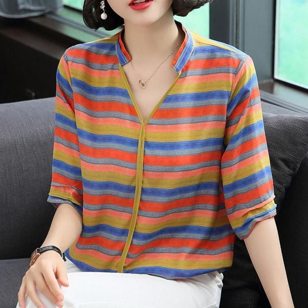 Deidre Plus Size 3/4 Stripes Mid Sleeve Shirt Blouse (Yellow, Red)