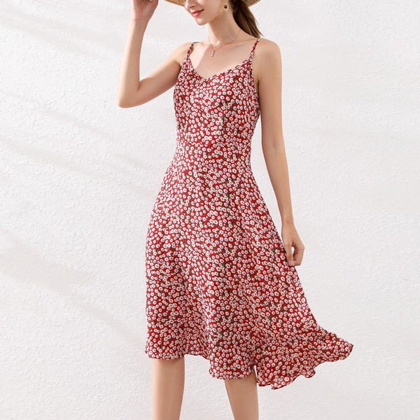 Plus Size Red Small Floral Chiffon V Neck Sleeveless Dress