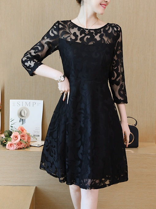 Treemonisha Plus Size Black Formal Occasion Filgree Swing Mid Sleeve Dress (Suitable For Weddings, Dinners, Parties)